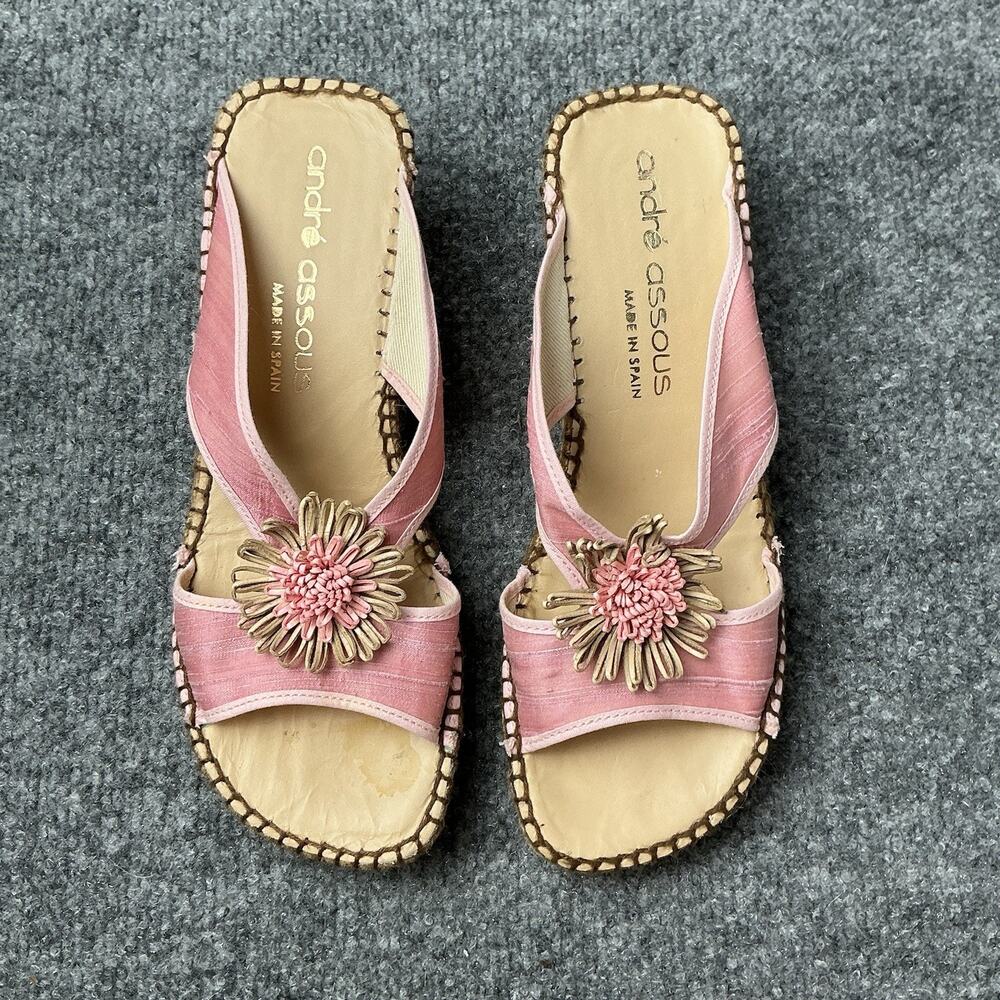 ANDRE ASSOUS PINK Silk FLOWER Slide Espadrille Wedge SANDALS Size 8 - Picture 2 of 8